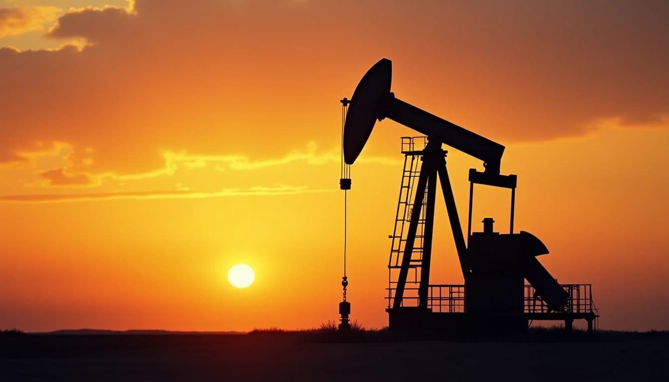 Oil drilling rig silhouette at sunset