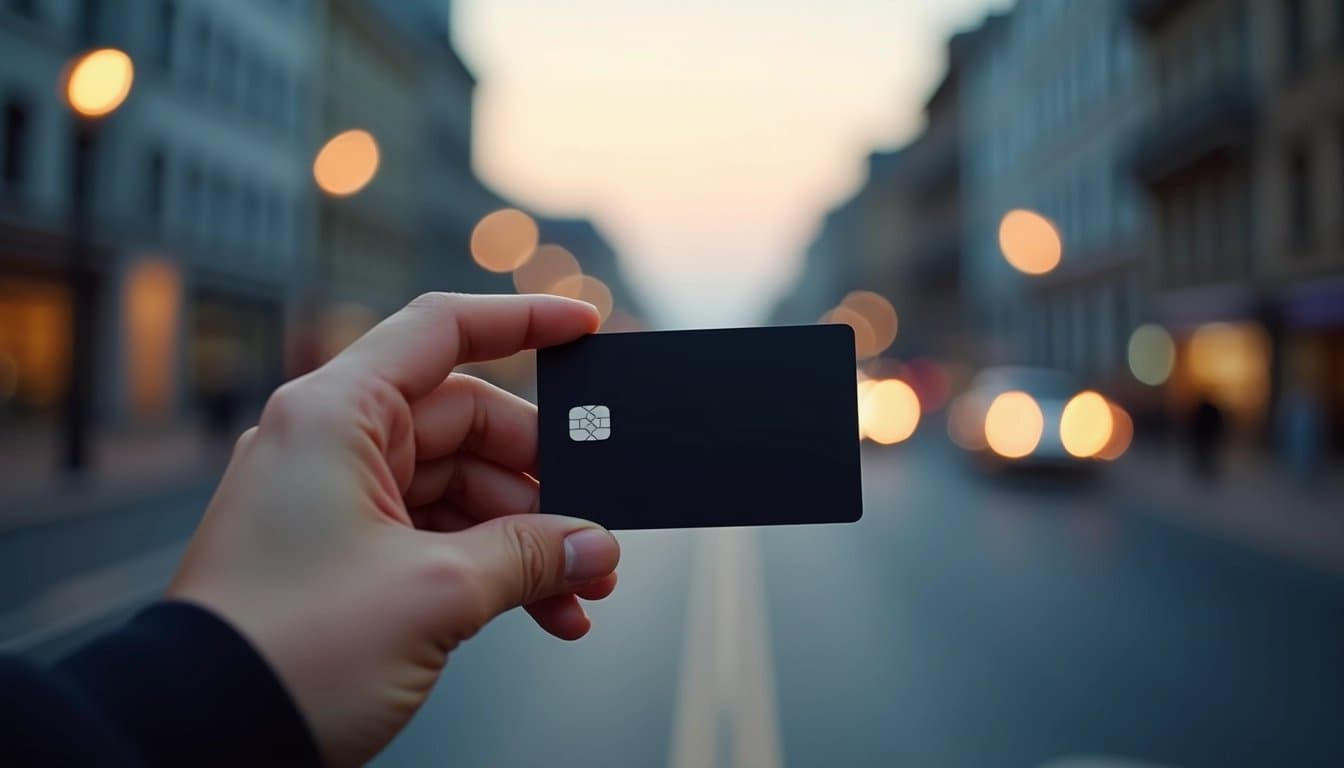 Close-up of a hand holding a credit card with a chip, against a blurred city background.