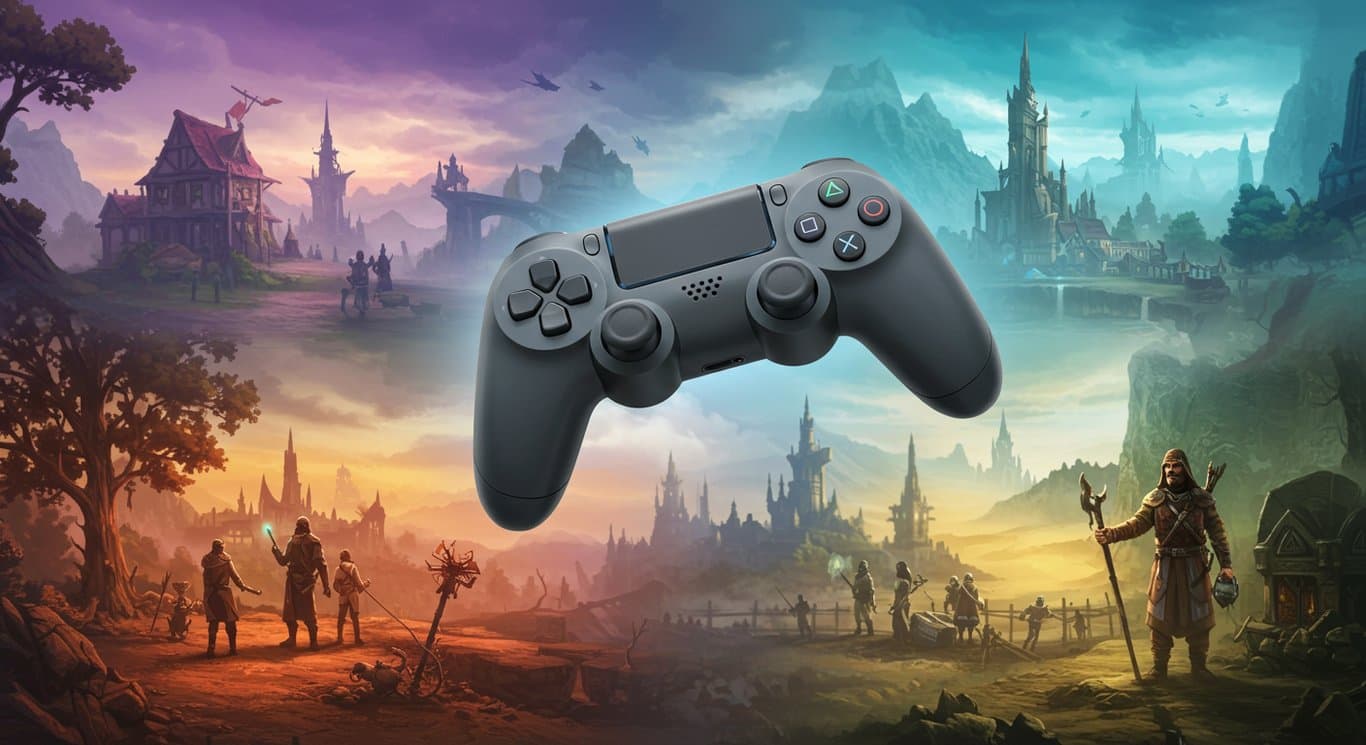 Stylized game controller floating above a blurred background of diverse video game landscapes.