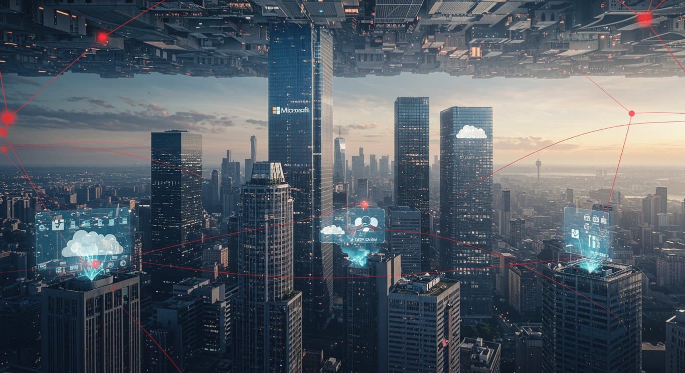 Futuristic cityscape representing Microsoft's AI dependency, regulatory challenges, and strategic partnerships.