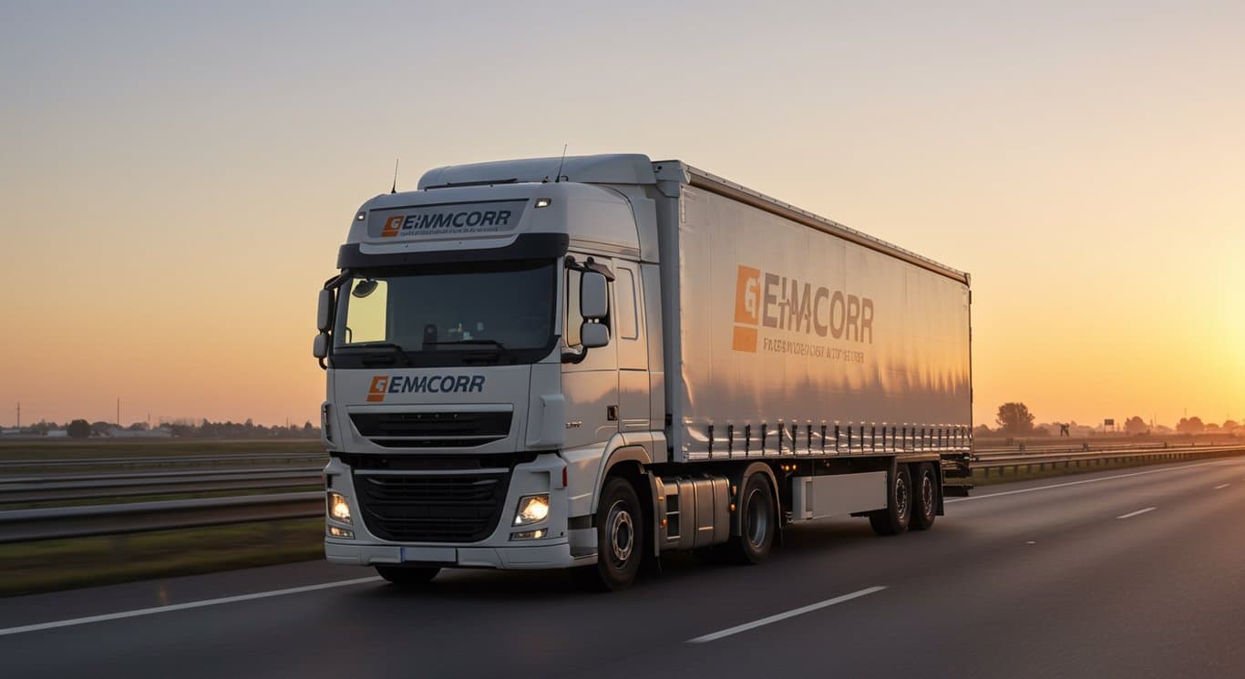 Freight truck driving on a highway at dawn.