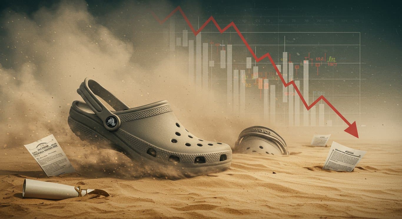 Crocs shoes sinking in quicksand, symbolizing financial trouble and legal challenges.