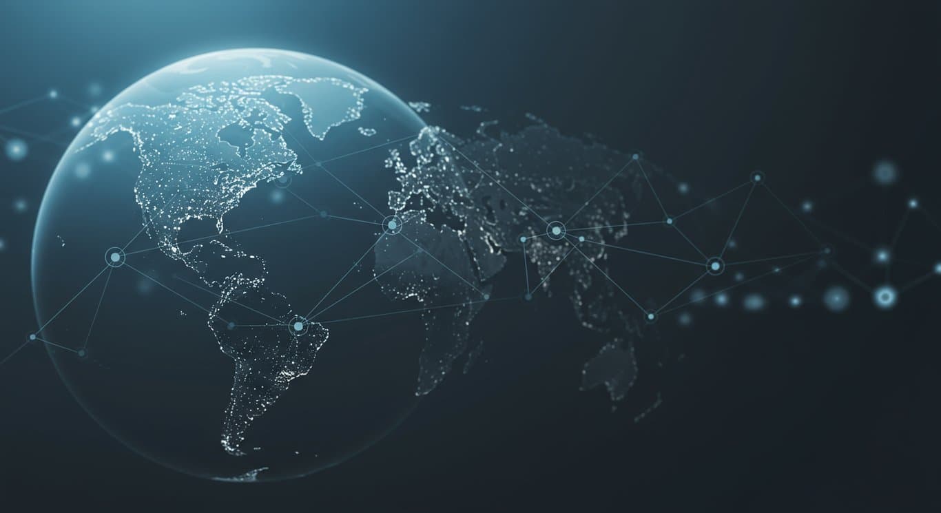 Global network with interconnected nodes, representing communication and technology.