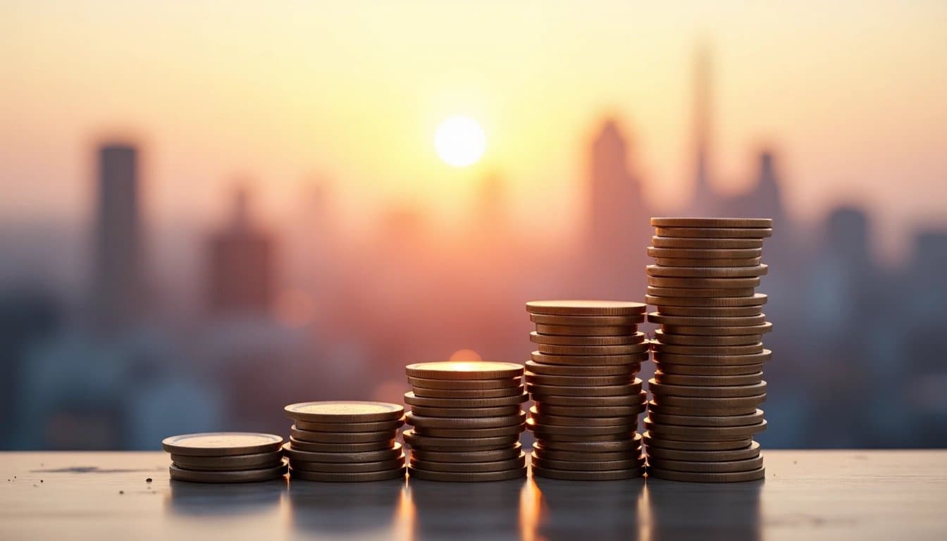 Stacks of coins growing like a bar graph against a cityscape, symbolizing dividend growth.