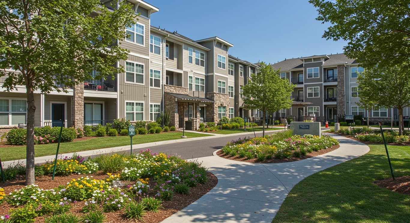 Modern apartment complex in a sunny suburban setting.