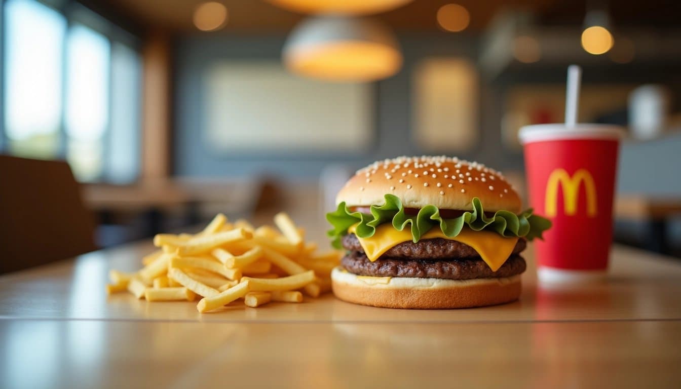 A McDonald's value meal including a burger, fries, and a drink.