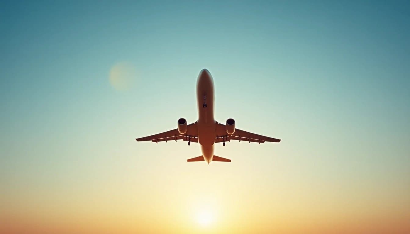 Airplane silhouette against a dawn sky.