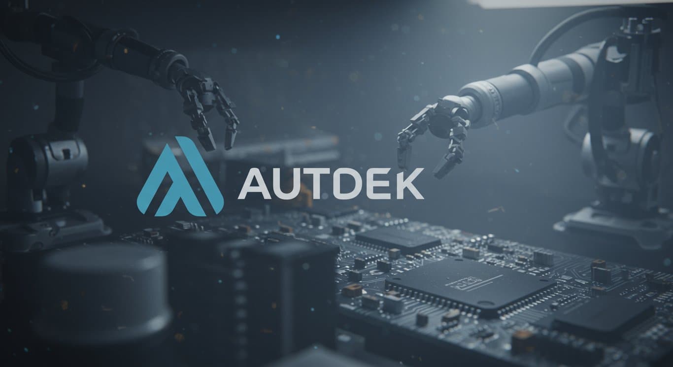 Autodesk logo subtly layered over a background of circuit boards and robotic arms, symbolizing technological innovation.