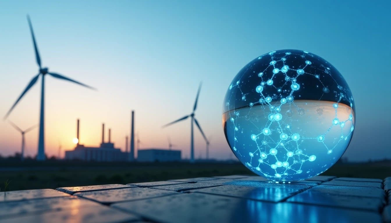 Hydrogen molecule against a clean industrial backdrop, symbolizing clean energy.