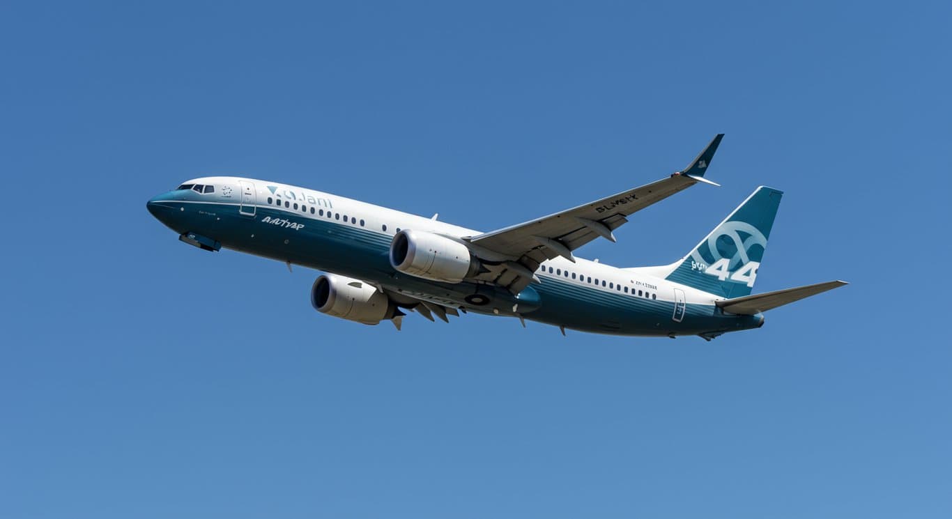 Boeing 737 MAX in flight against a clear blue sky.