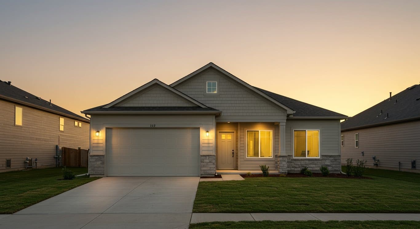 New suburban home at sunset.