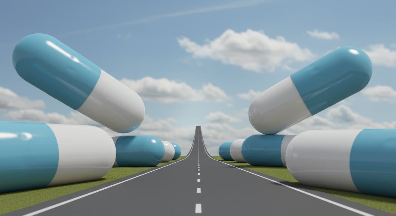 Winding road with pill capsules representing Viatris's journey towards growth.