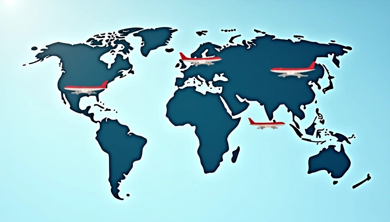 World map with airplanes symbolizing global travel and connectivity.