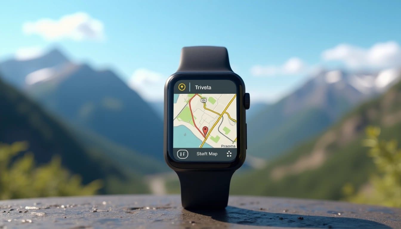 Smartwatch displaying a GPS map against a mountain landscape.