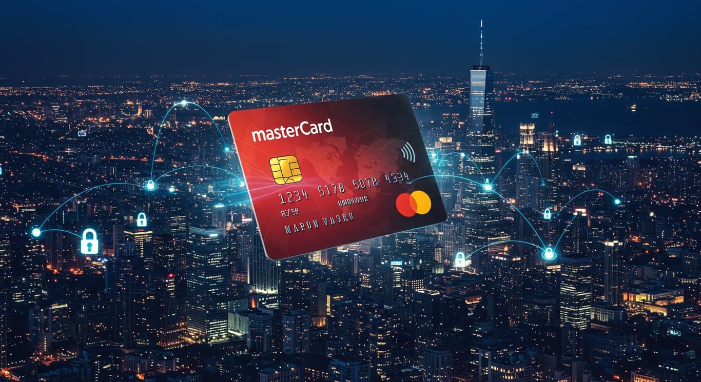 Mastercard card over a futuristic cityscape, symbolizing global digital payments and security.