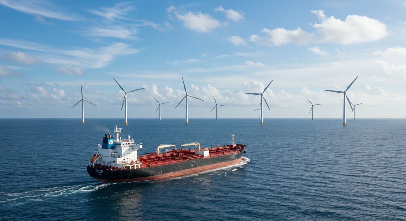 Oil tanker at sea with renewable energy sources on the horizon.