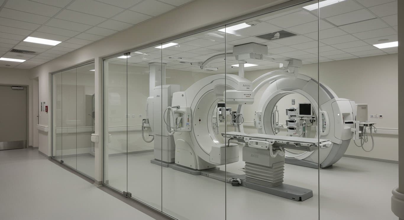 Modern hospital hallway featuring advanced medical imaging equipment.