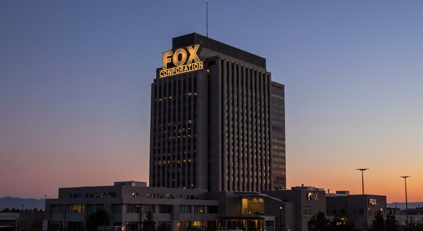 Fox Corporation headquarters at dusk.