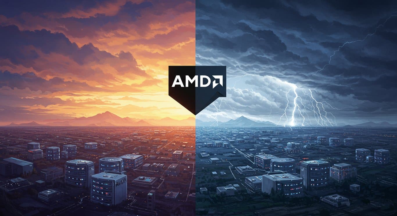 AMD logo rising from a landscape symbolizing the company's challenges and opportunities in the semiconductor market, with a divided sky representing optimism and uncertainty.