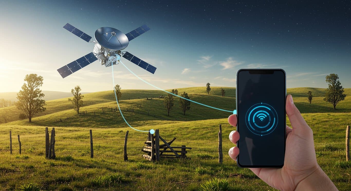 Smartphone connected to a Starlink satellite in a rural area.