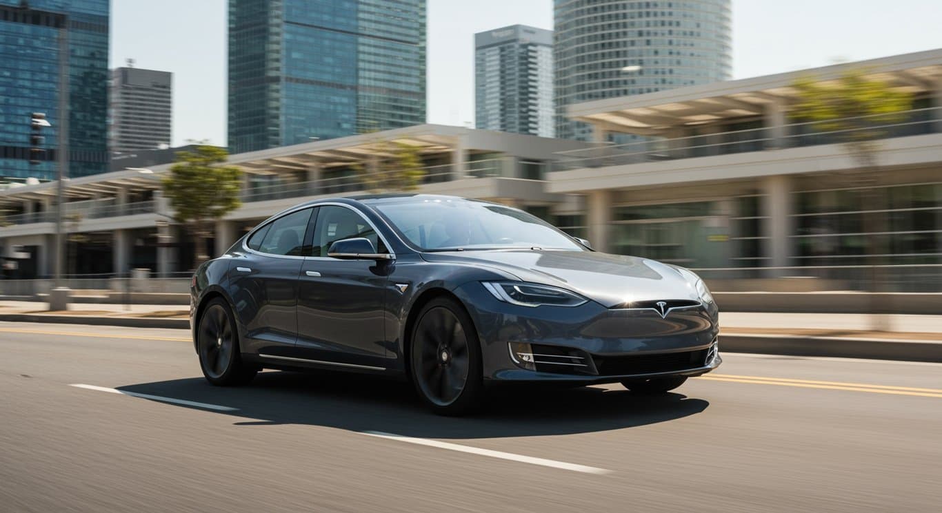 Tesla car driving on a city street.