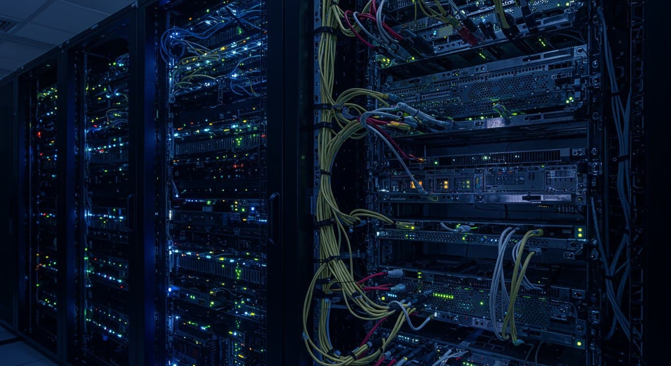 A detailed view of a high-tech data center with glowing servers and complex cabling.