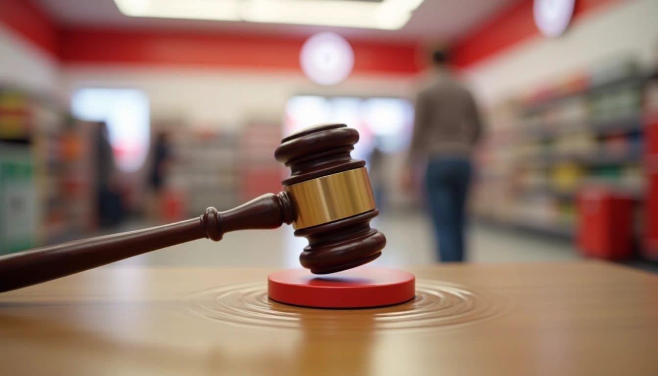 Gavel striking a sound block in front of a blurred Target store, symbolizing legal action.