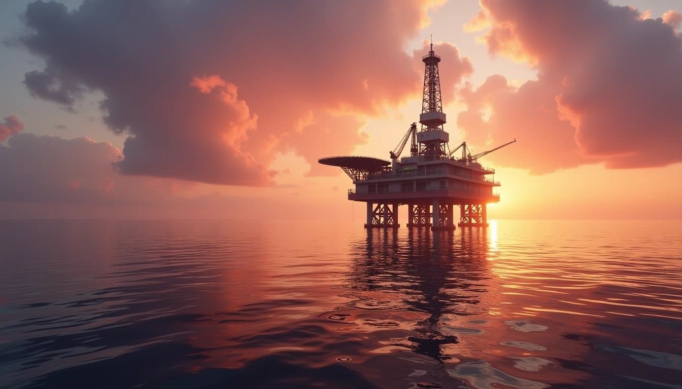 Oil rig at sea during sunset.