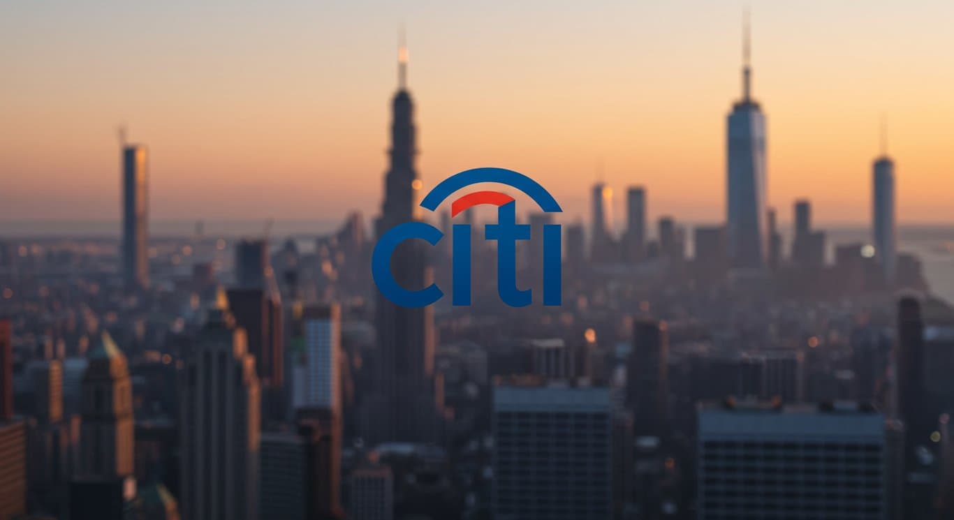 Citigroup logo against a blurred cityscape background.