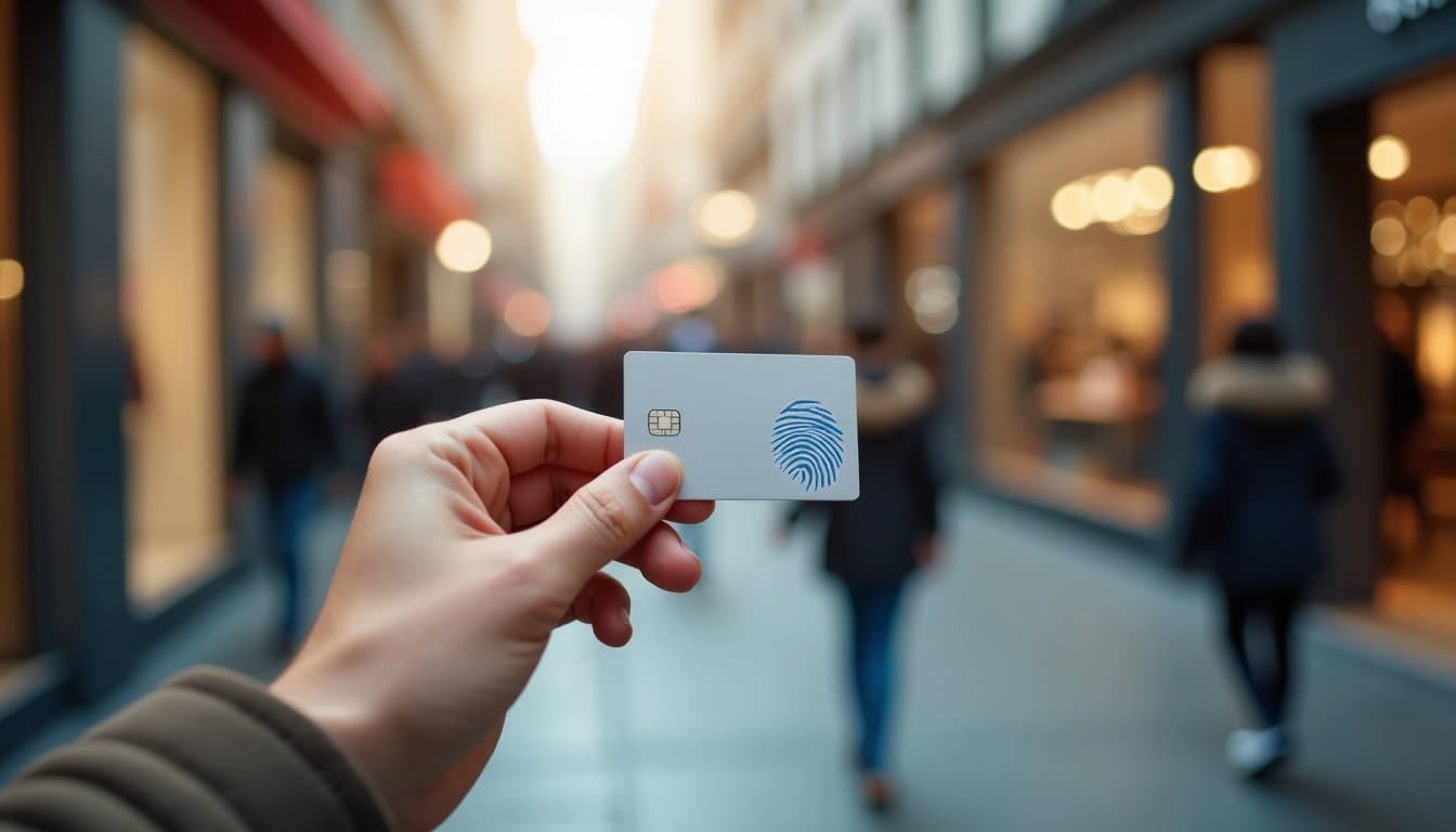 Hand holding a biometric payment card in a busy shopping street, representing secure and modern payment technology.