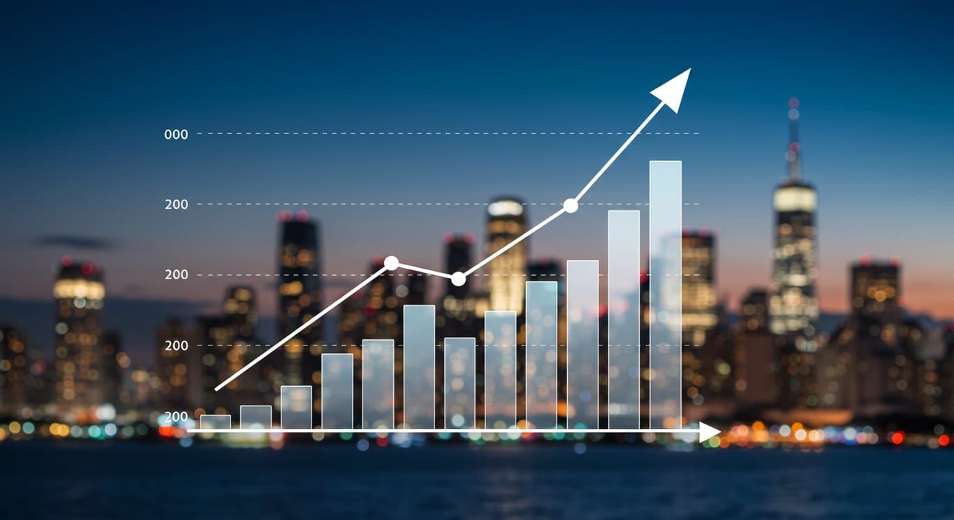 Graph trending upward over a blurred cityscape, representing financial growth.