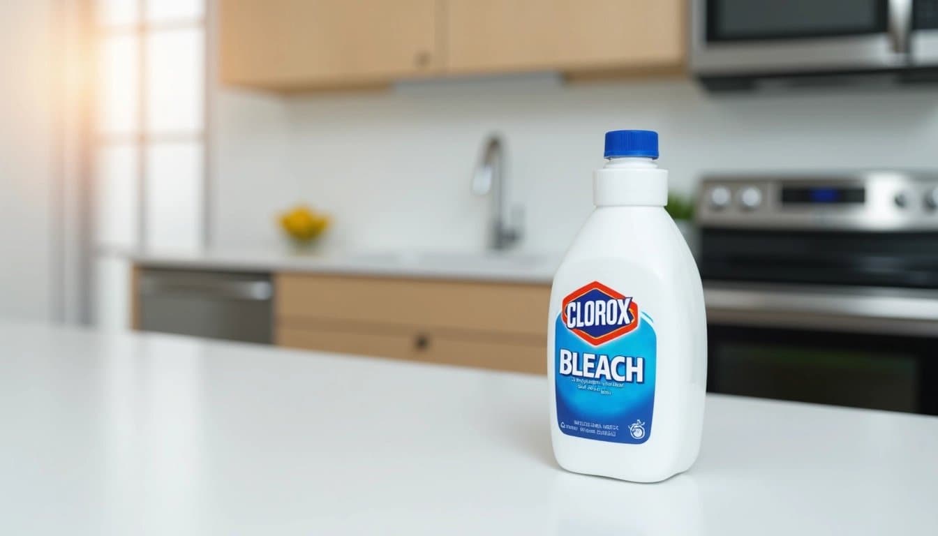 A bottle of Clorox bleach on a kitchen counter.