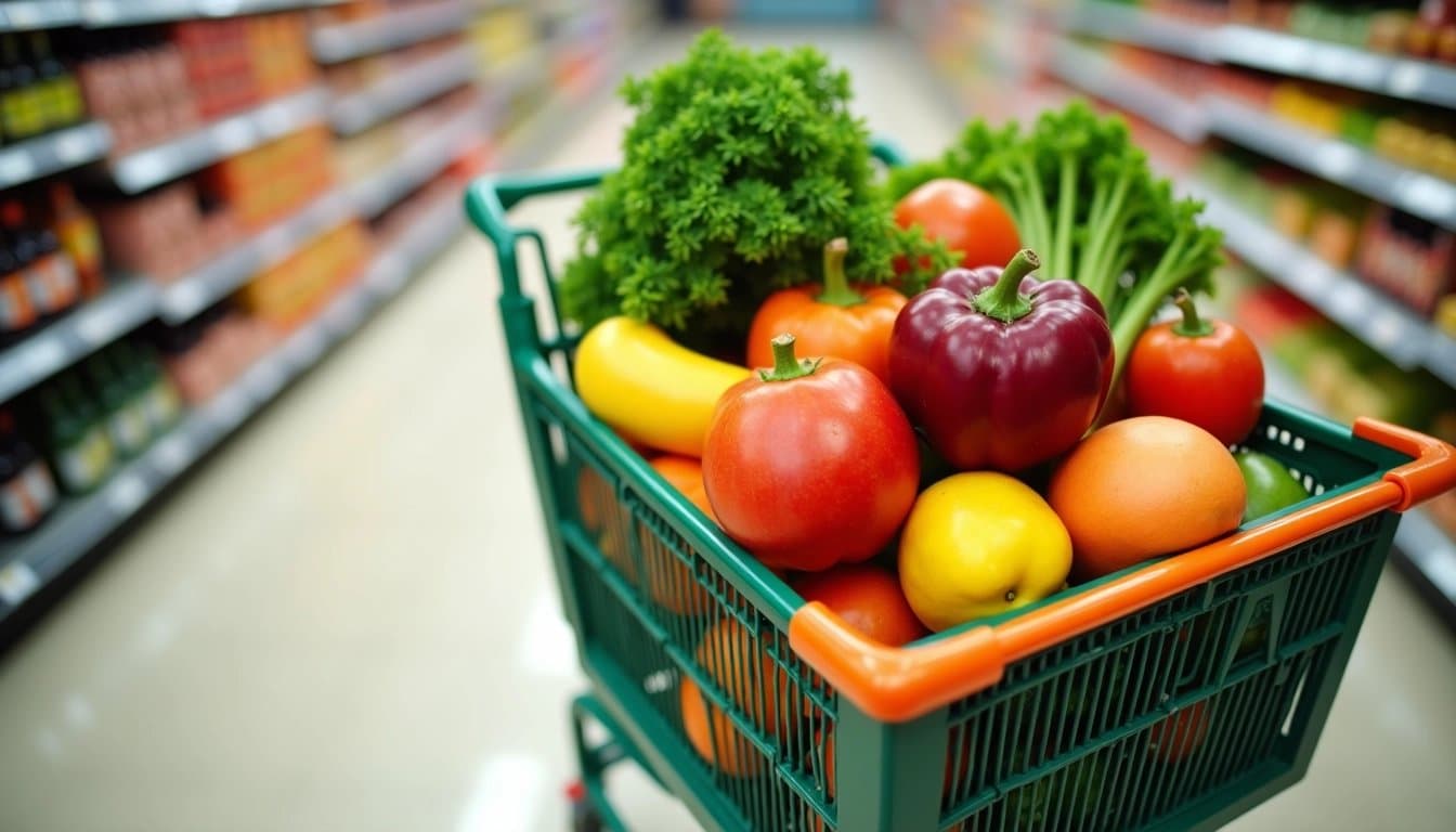 A grocery cart filled with fresh fruits and vegetables.