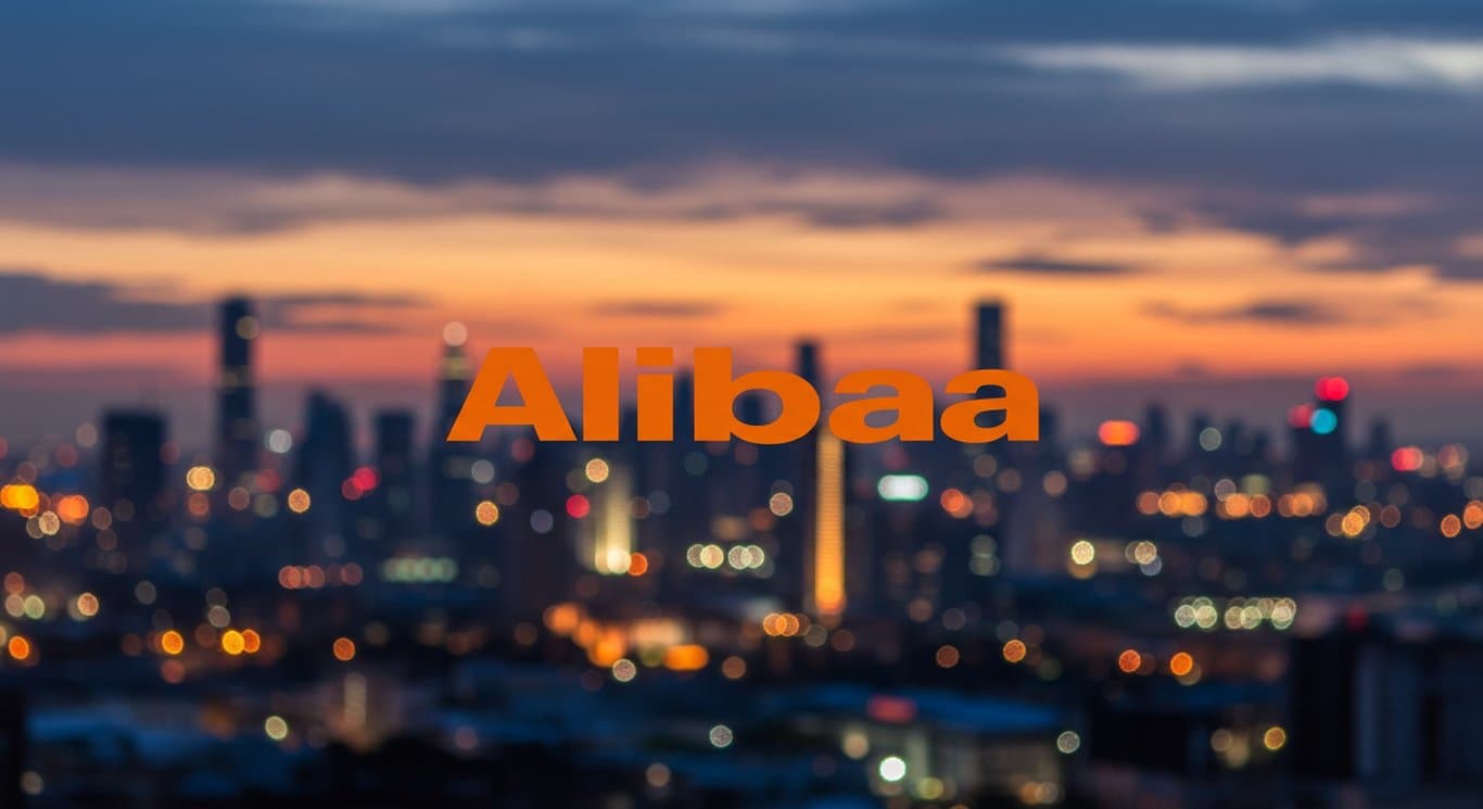 Alibaba logo against a backdrop of a modern city at twilight.