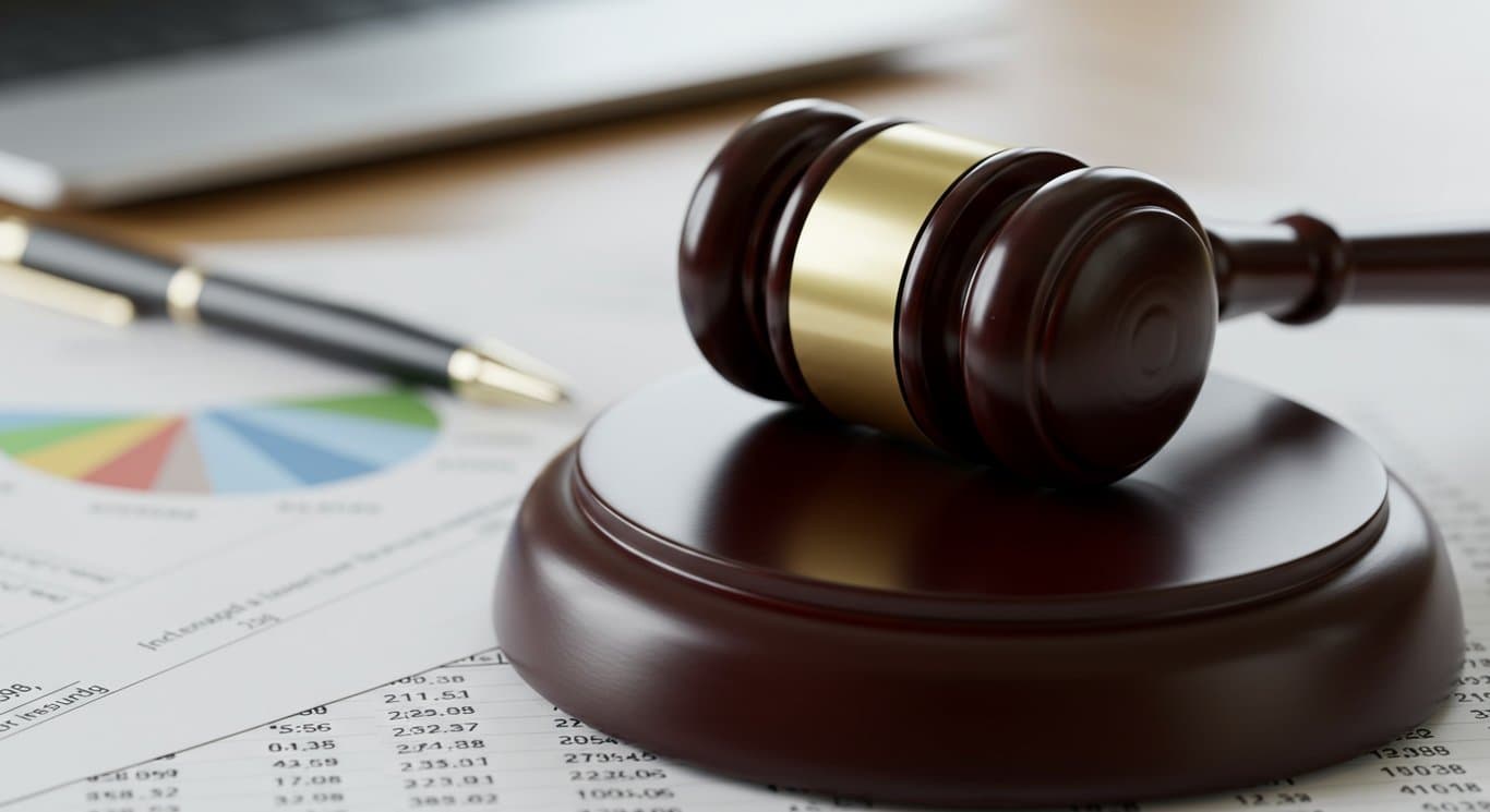 A gavel resting on financial documents, symbolizing legal and financial issues.