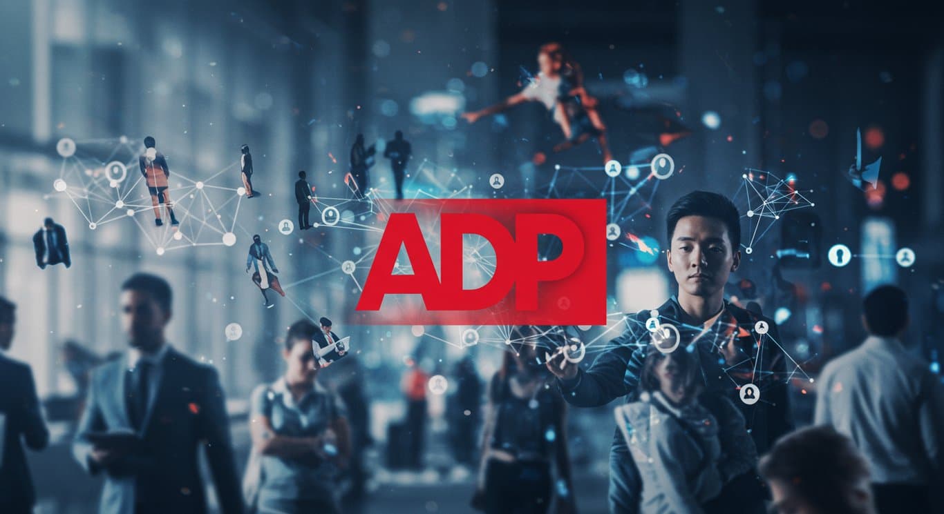 ADP logo over a network symbolizing human capital management.