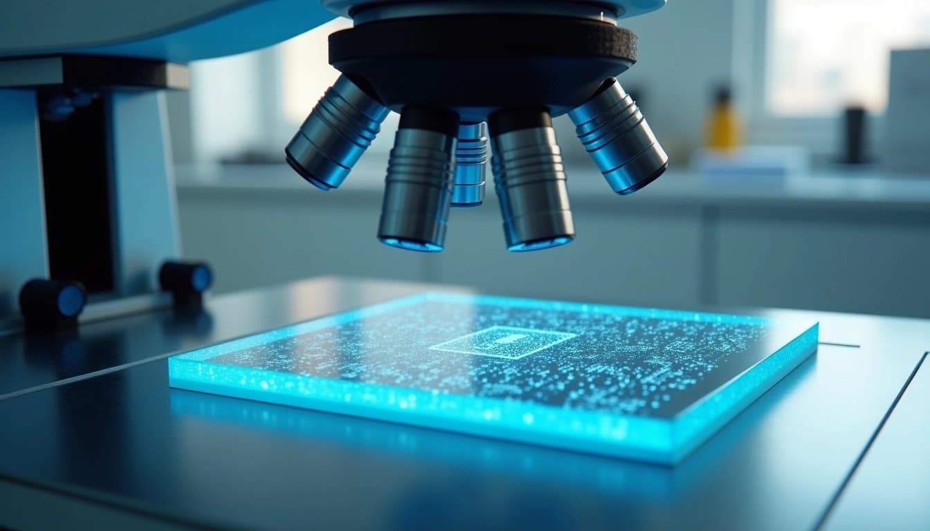 Electron microscope inspecting a silicon wafer in a laboratory.