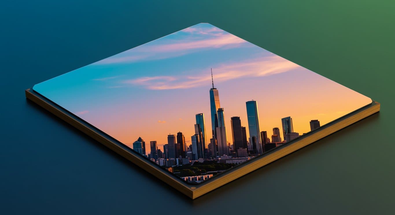 Semiconductor chip reflecting a cityscape, representing electronics industry growth and technological innovation.