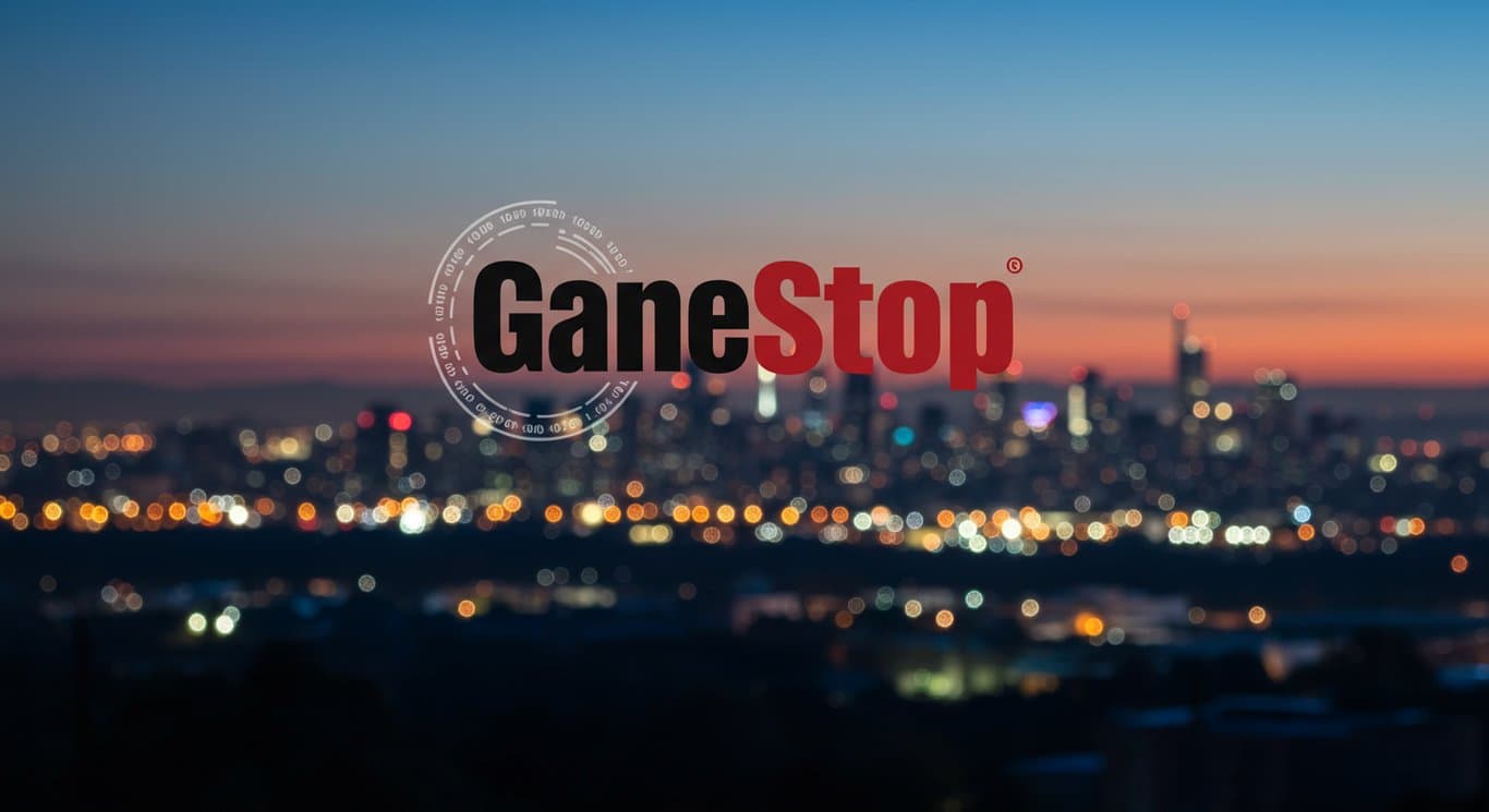 GameStop logo with a subtle Bitcoin symbol in the background, representing the company's shift towards digital assets.