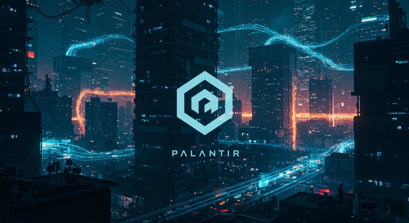 Futuristic cityscape with data streams, representing Palantir's AI data analytics.