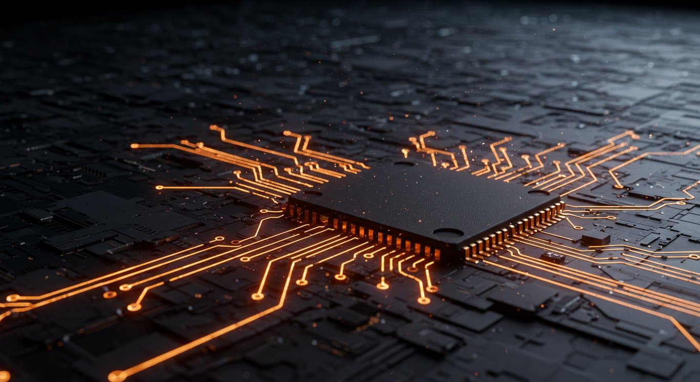 Digital circuit board with glowing data paths.