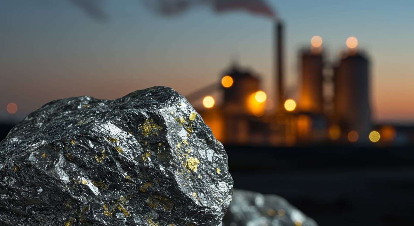 Close-up of lithium ore against a blurred factory backdrop.