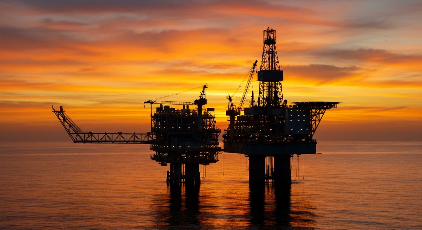 Oil rig silhouetted against a colorful sunrise.