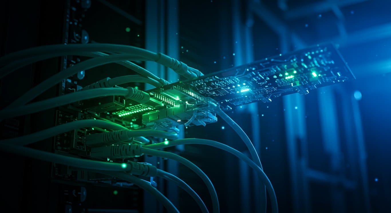 Abstract representation of Juniper Network's AI-Native networking solutions, featuring glowing cables and circuit boards in a server room setting.