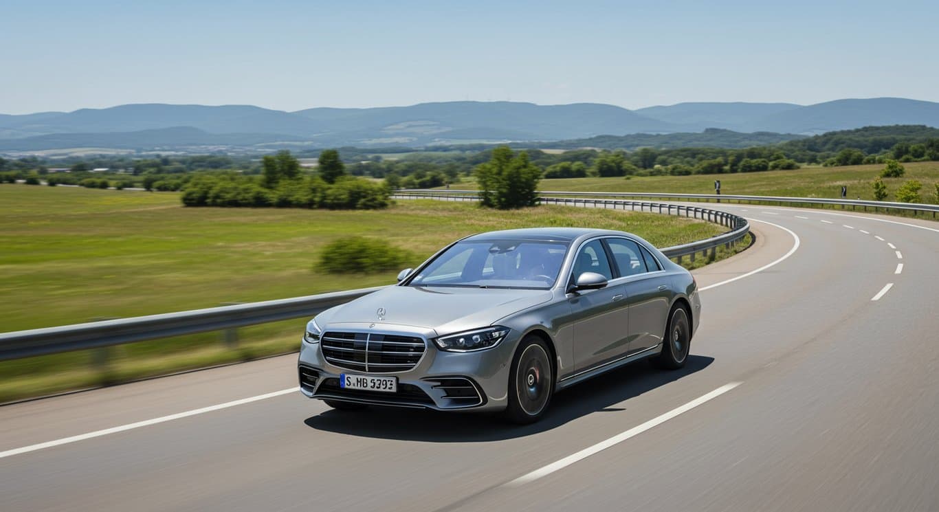 Silver Mercedes-Benz driving on a highway.