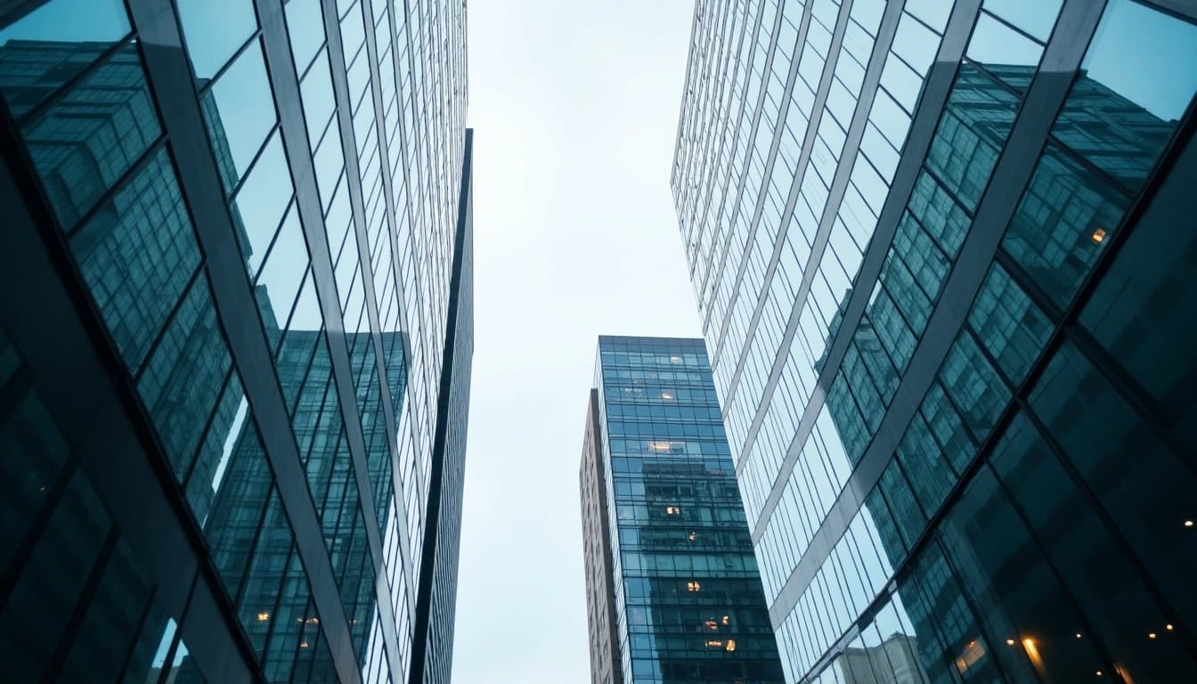 Modern glass office building reflecting the sky.