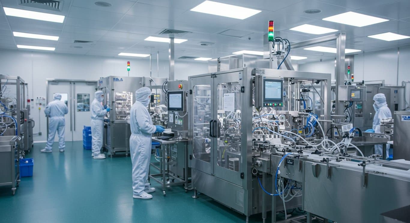 Image of a clean pharmaceutical manufacturing facility depicting advanced production processes.