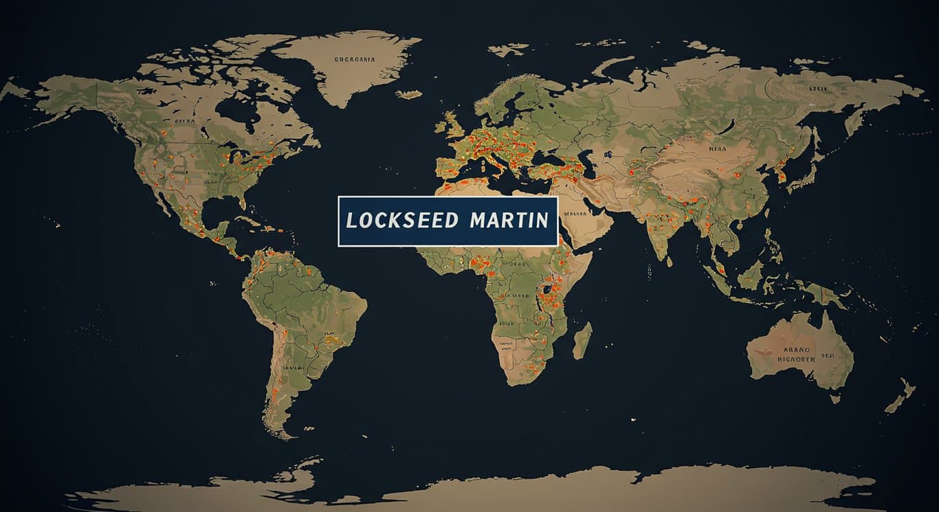 Lockheed Martin logo against a world map, symbolizing global defense and geopolitical considerations.