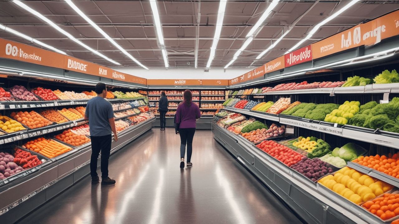 Kroger supermarket shelves full of produce. Kroger strategies for navigating market volatility.