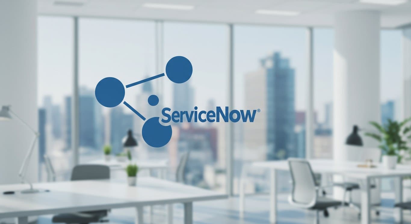 ServiceNow logo in a modern office setting